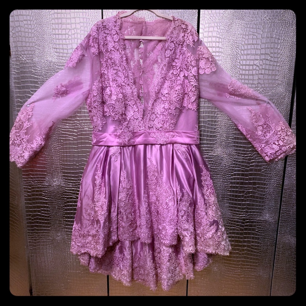 Lavender Satin, Mesh, Lace, Embroidered Sheer Dres